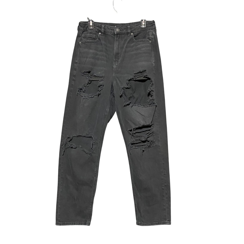 American Eagle Mom Jeans Womens 10R Faded Black Distressed Ripped High Rise